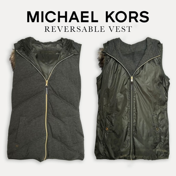 Michael Kors Womens Reversible Vest Olive Green Down Jacket Faux - Picture 1 of 8